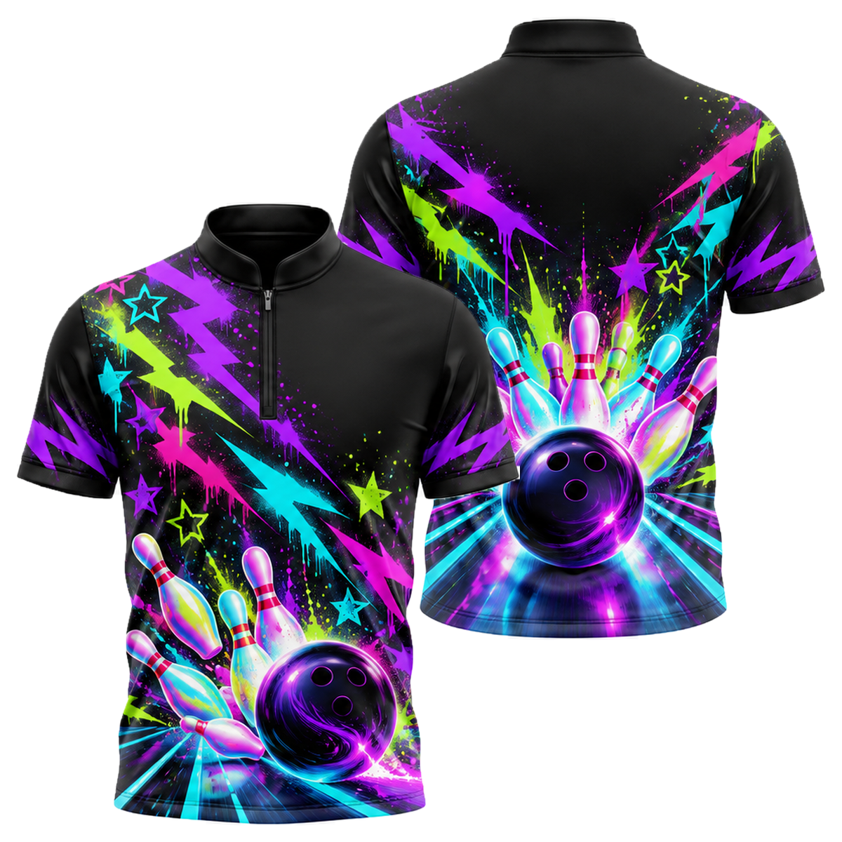 Neon Graffiti Lanes Bowling Jersey in Purple & Black
