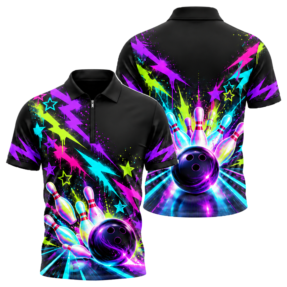 Neon Graffiti Lanes Quarter-Zip Polo in Purple & Black