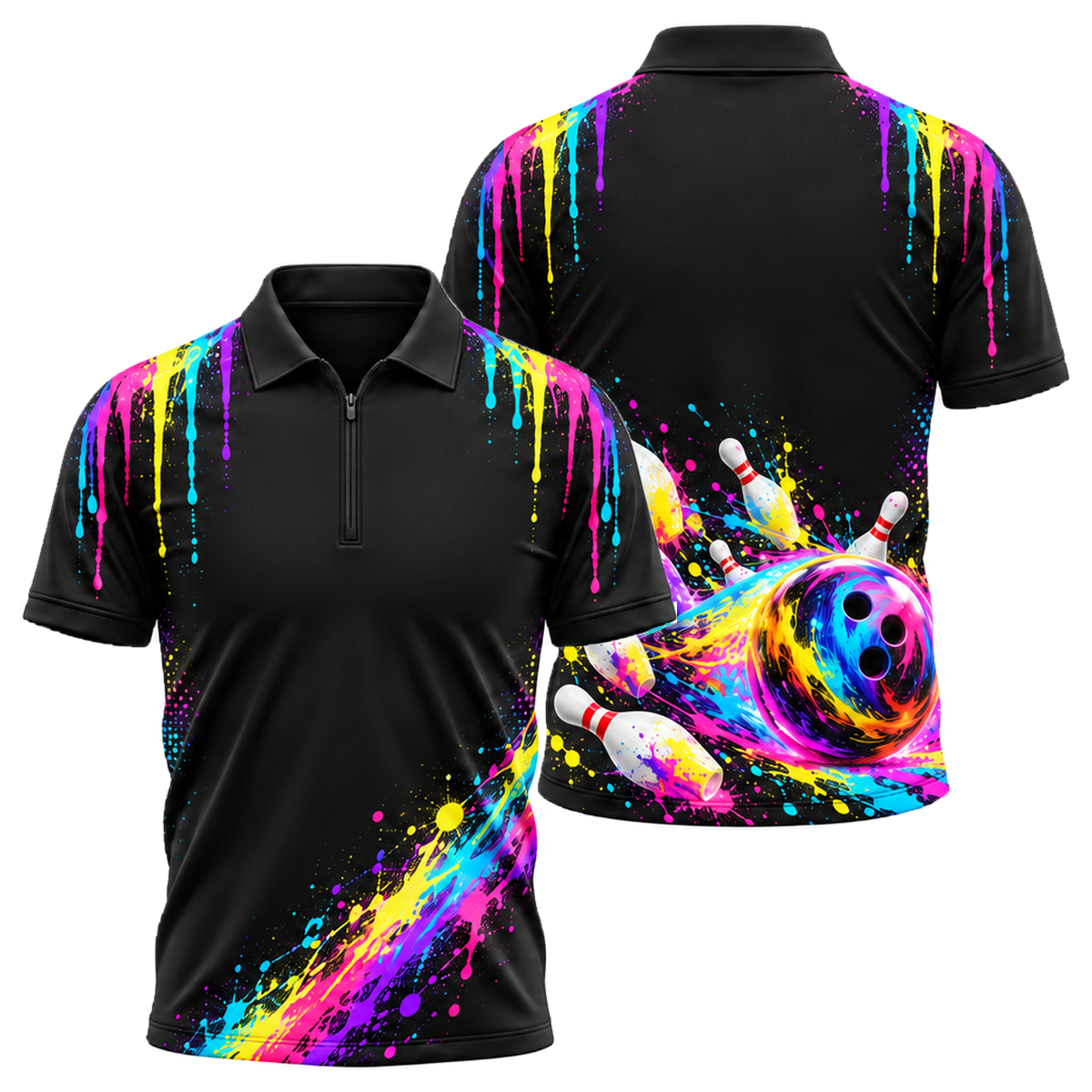 Neon Comet Strike Quarter-Zip Polo in Pink & Black