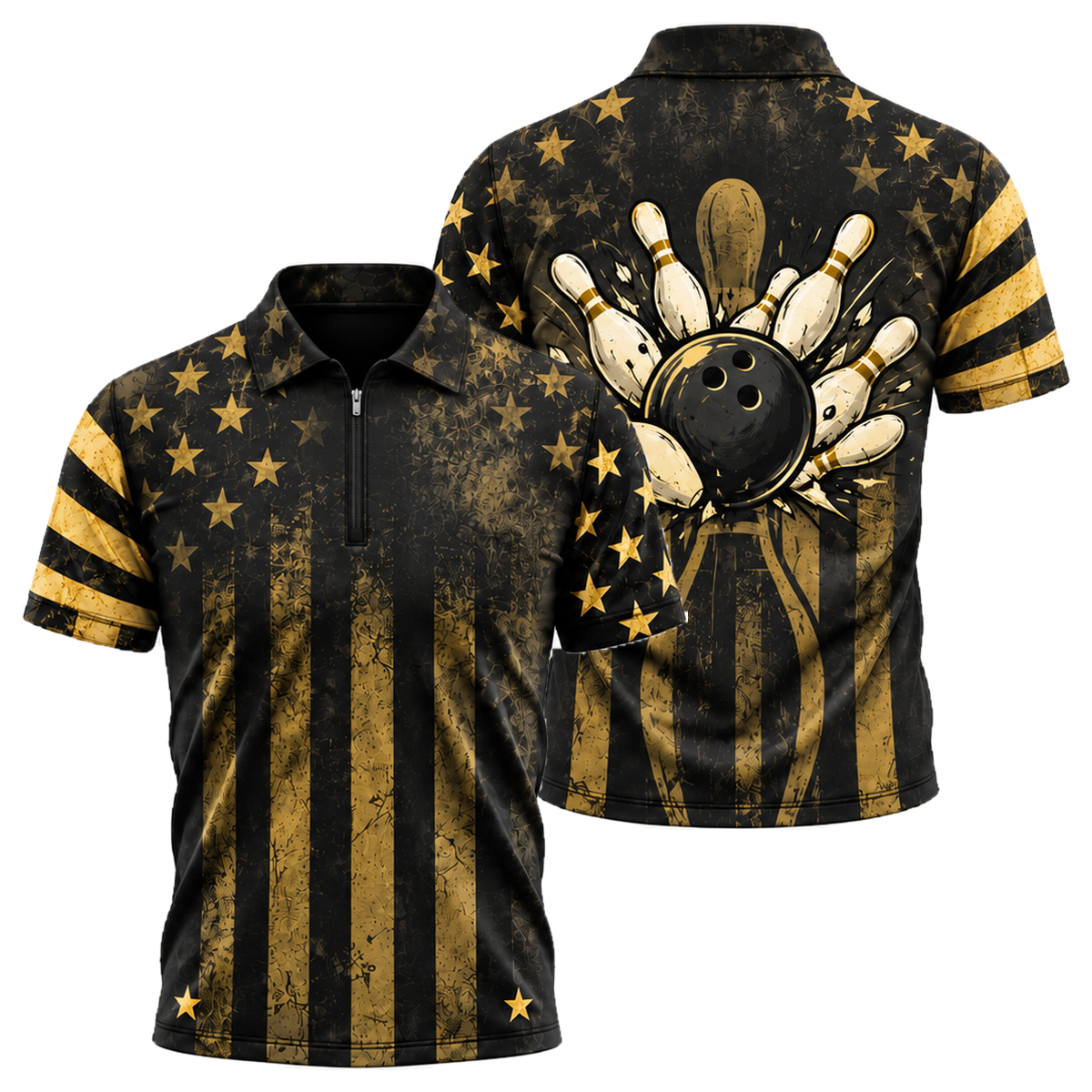 Slate Stripes Strike Quarter-Zip Polo in Black & Gold