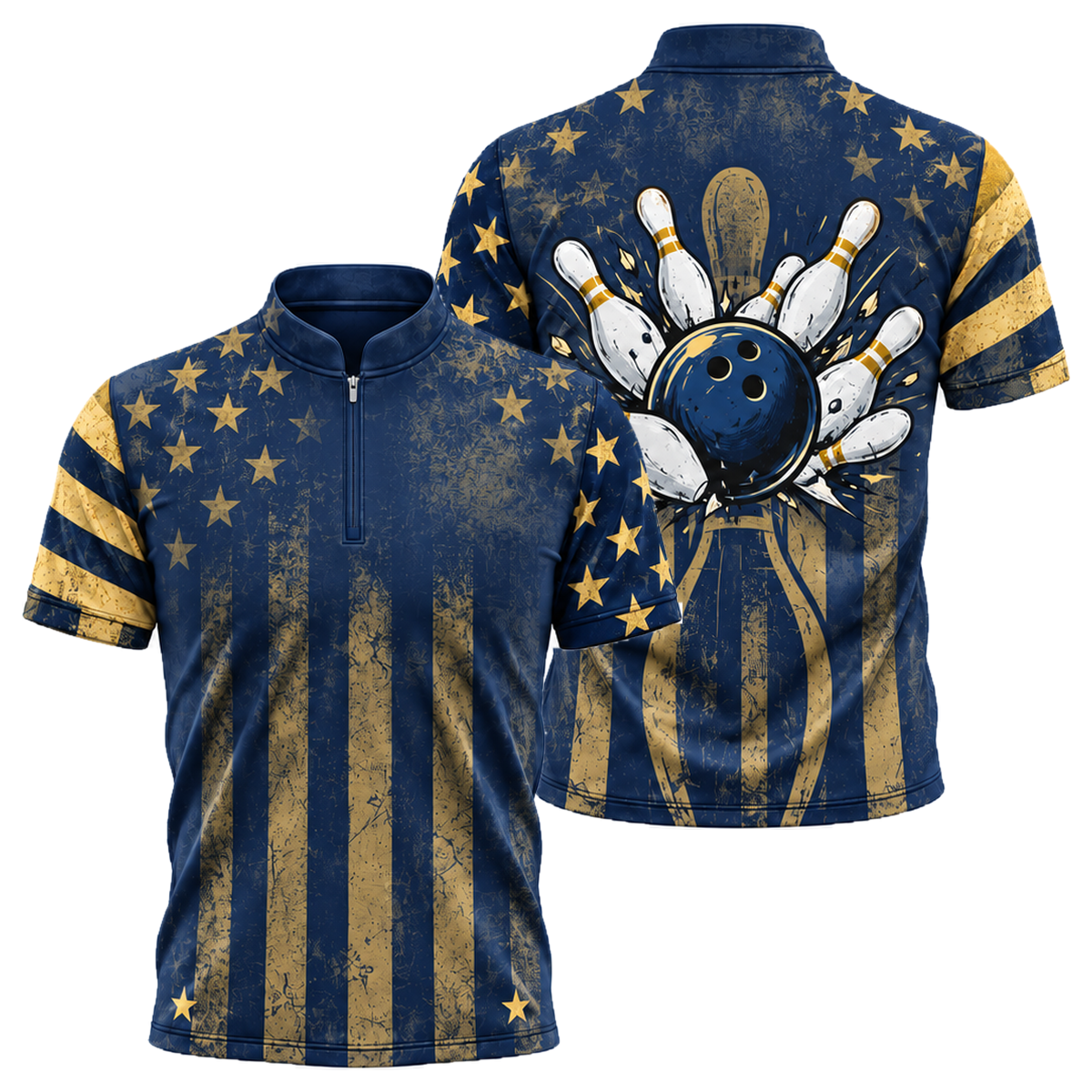 Slate Stripes Strike Bowling Jersey in Navy & Gold