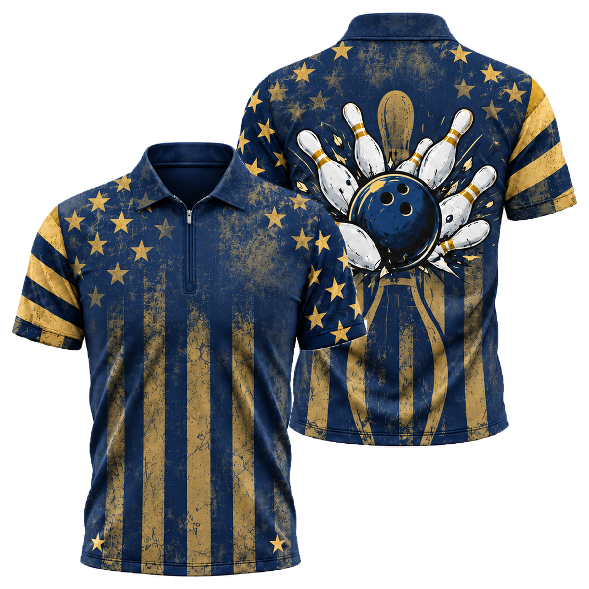Slate Stripes Strike Quarter-Zip Polo in Navy & Gold