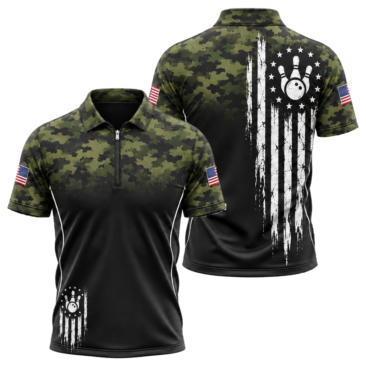Camo Honor Flag Quarter-Zip Polo in Green & Gold