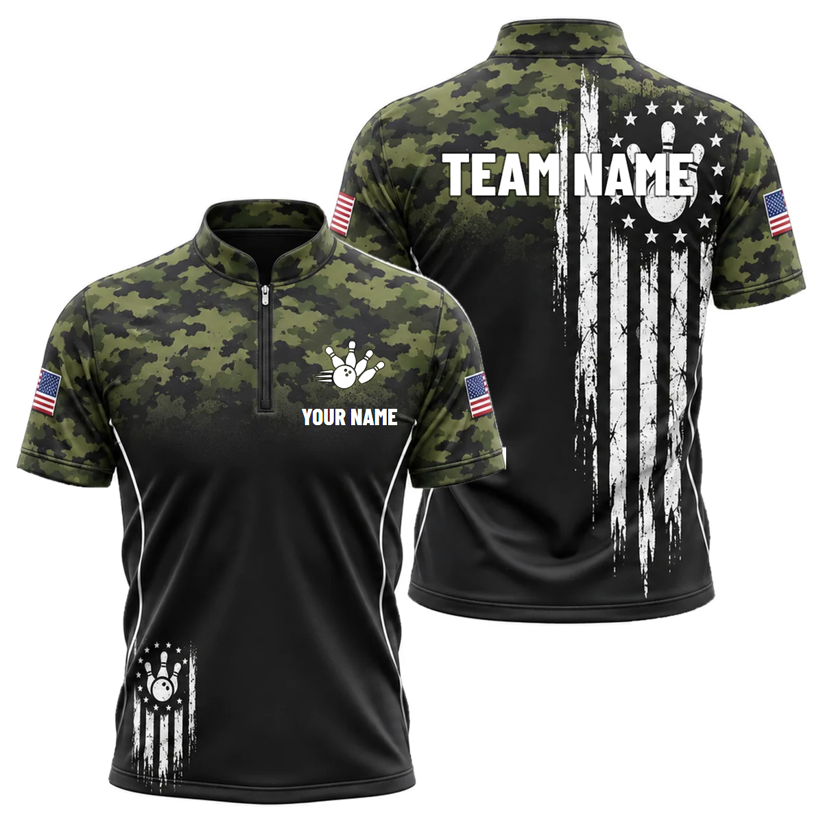 Camo Honor Flag custom bowling shirt personalized with name and team name