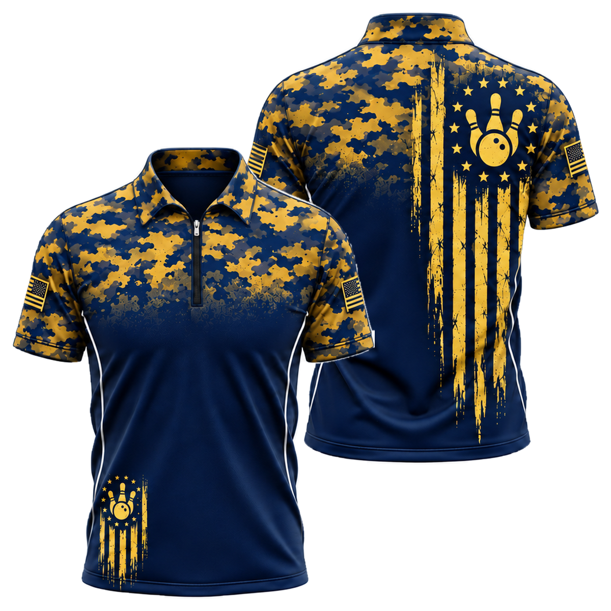 Camo Honor Flag Quarter-Zip Polo in Navy & Gold