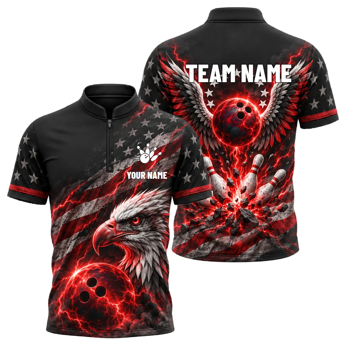 Liberty Lightning Eagle custom bowling shirt personalized with name and team name