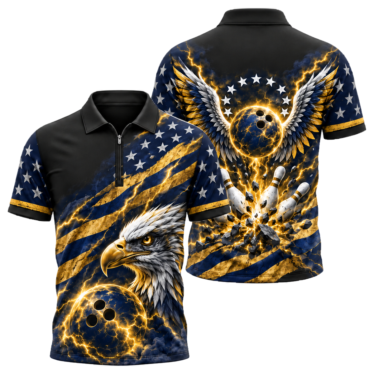 Liberty Lightning Eagle Quarter-Zip Polo in Navy & Gold