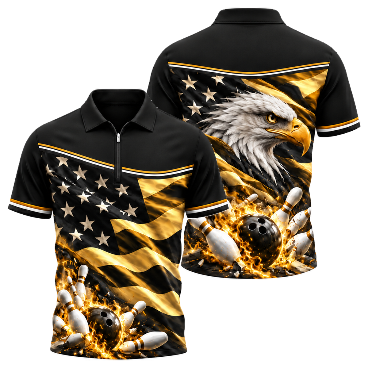 Flag Fold Eagle Quarter-Zip Polo in Black & Gold