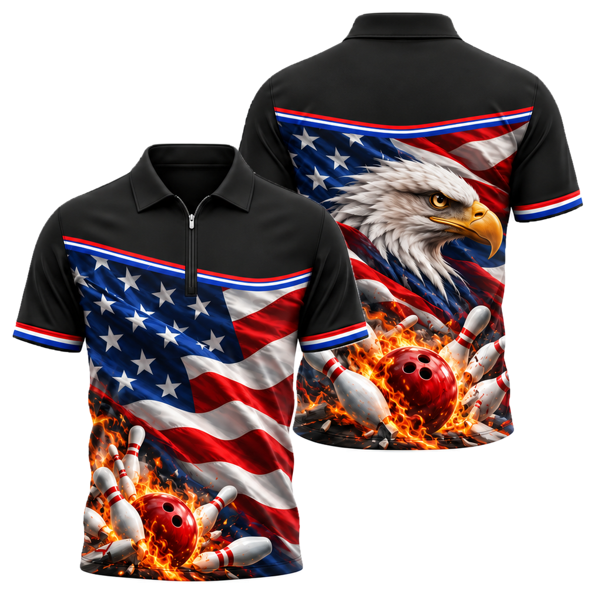 Flag Fold Eagle Quarter-Zip Polo in Black & Red