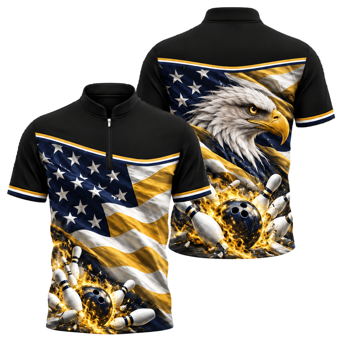Flag Fold Eagle Bowling Jersey in Navy & Gold