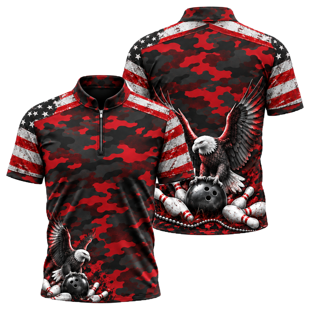 Camo Honor Eagle Quarter-Zip Polo in Black & Red