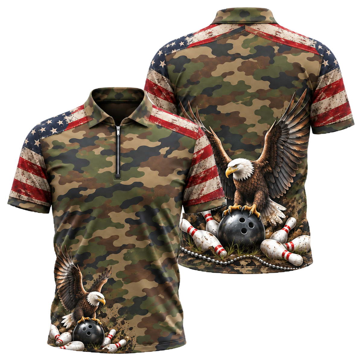 Camo Honor Eagle Quarter-Zip Polo in Green & Gold