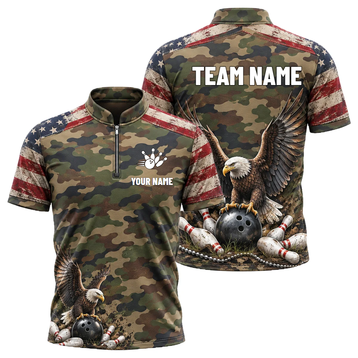 Camo Honor Eagle custom bowling shirt personalized with name and team name