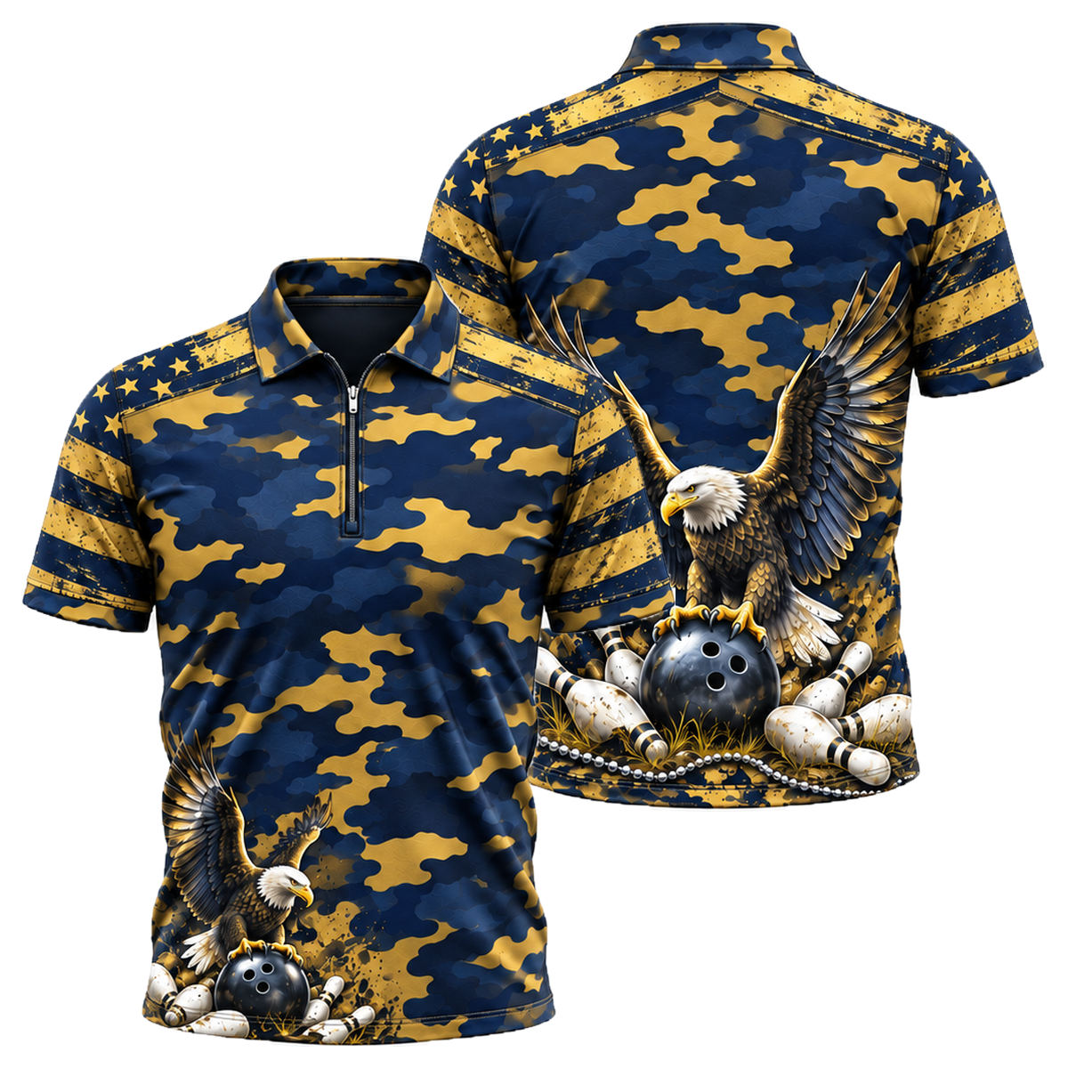 Camo Honor Eagle Quarter-Zip Polo in Navy & Gold