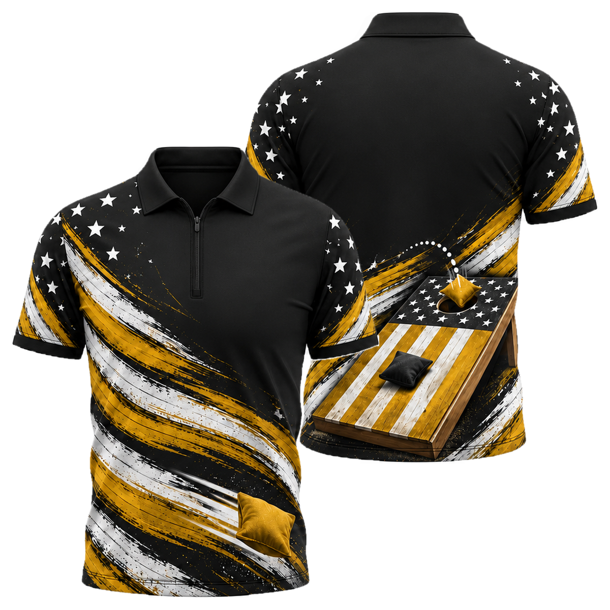 Stars & Bags Quarter-Zip Polo in Black & Gold