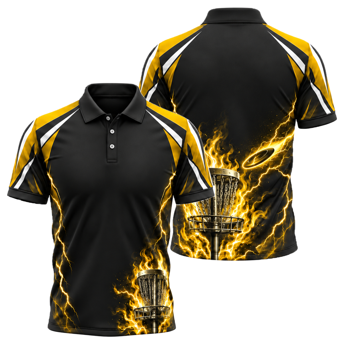 Blue Flame Chains Unisex Polo in Black & Gold