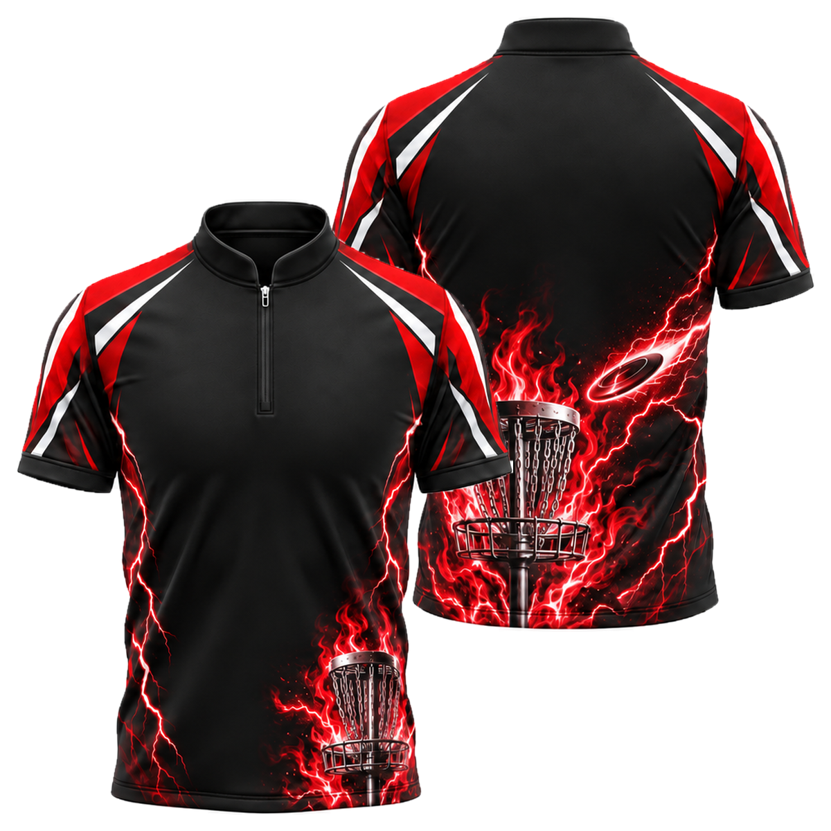 Blue Flame Chains Disc Golf Jersey in Black & Red