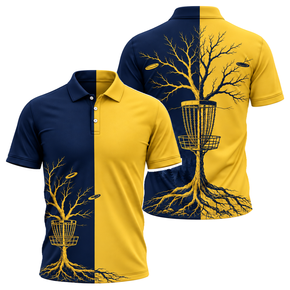 Rooted Basket Unisex Polo in Navy & Gold