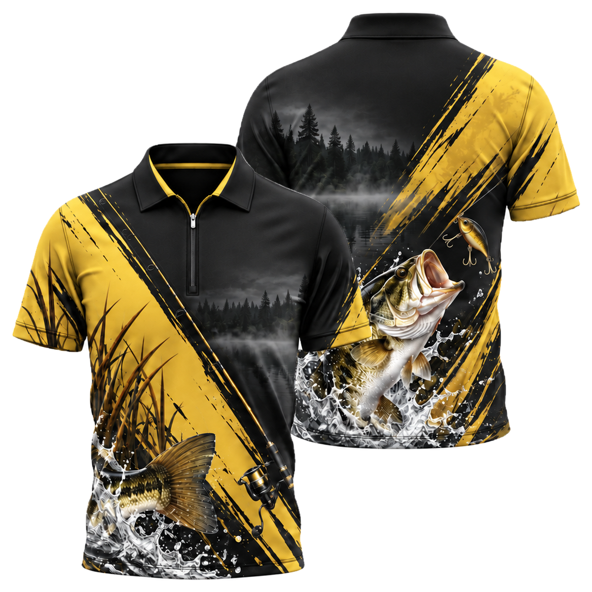 Bass Strike Quarter-Zip Polo in Black & Gold