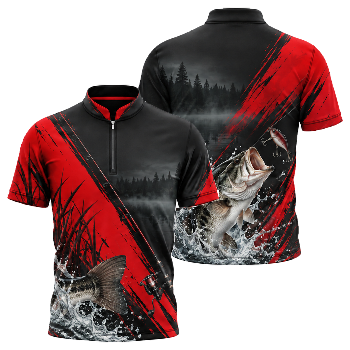 Bass Strike Fishing Jersey in Black & Red