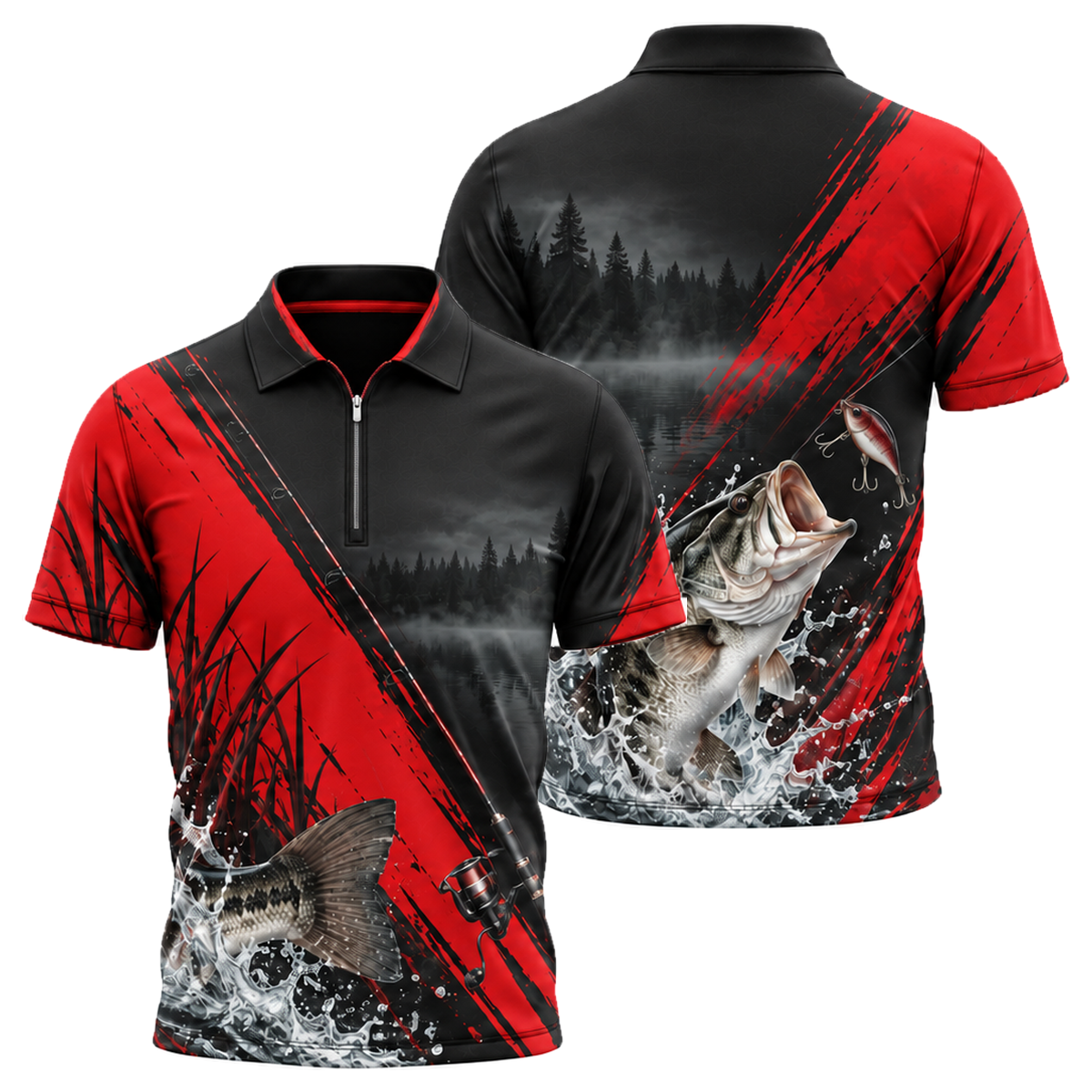 Bass Strike Quarter-Zip Polo in Black & Red
