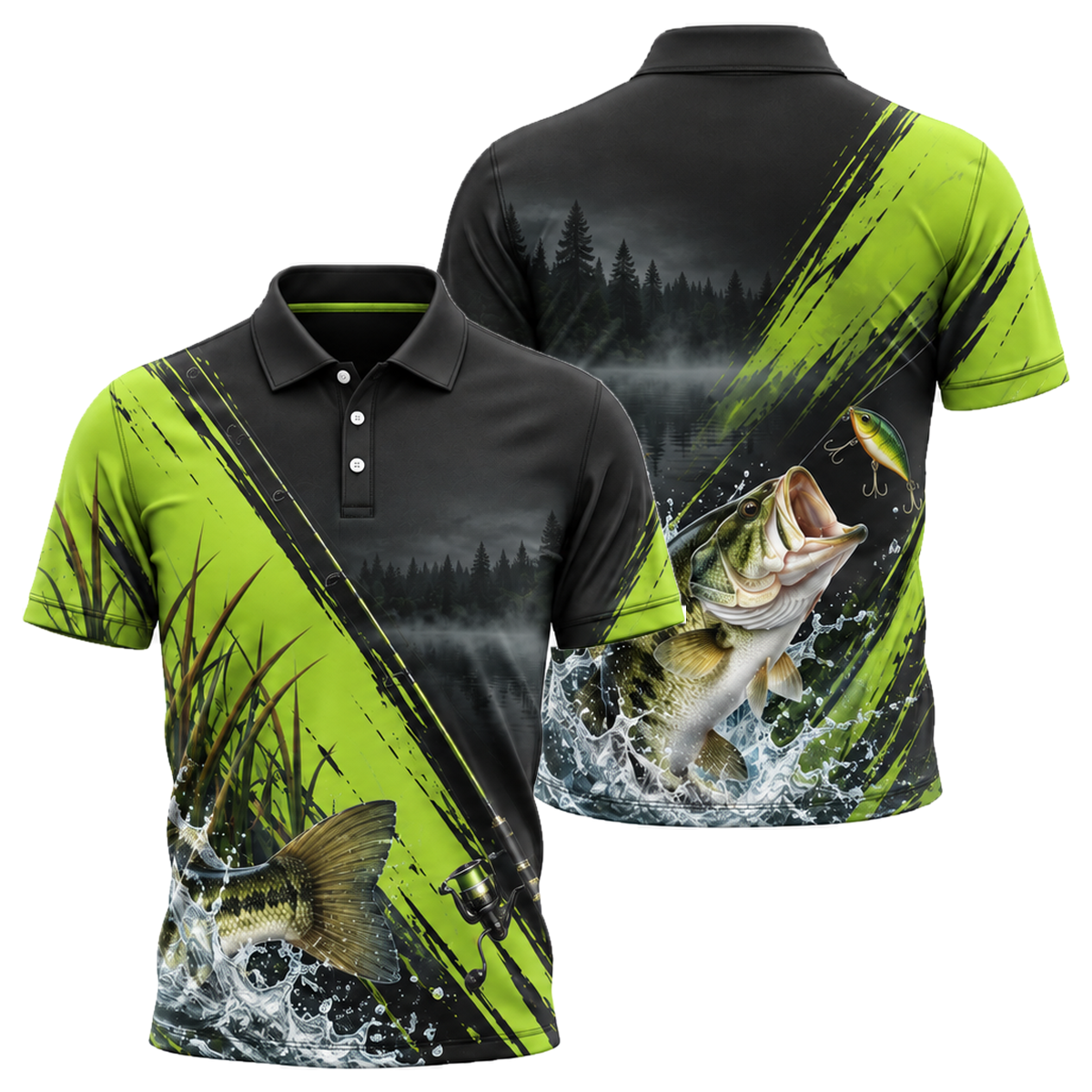 Bass Strike Unisex Polo in Green & Gold
