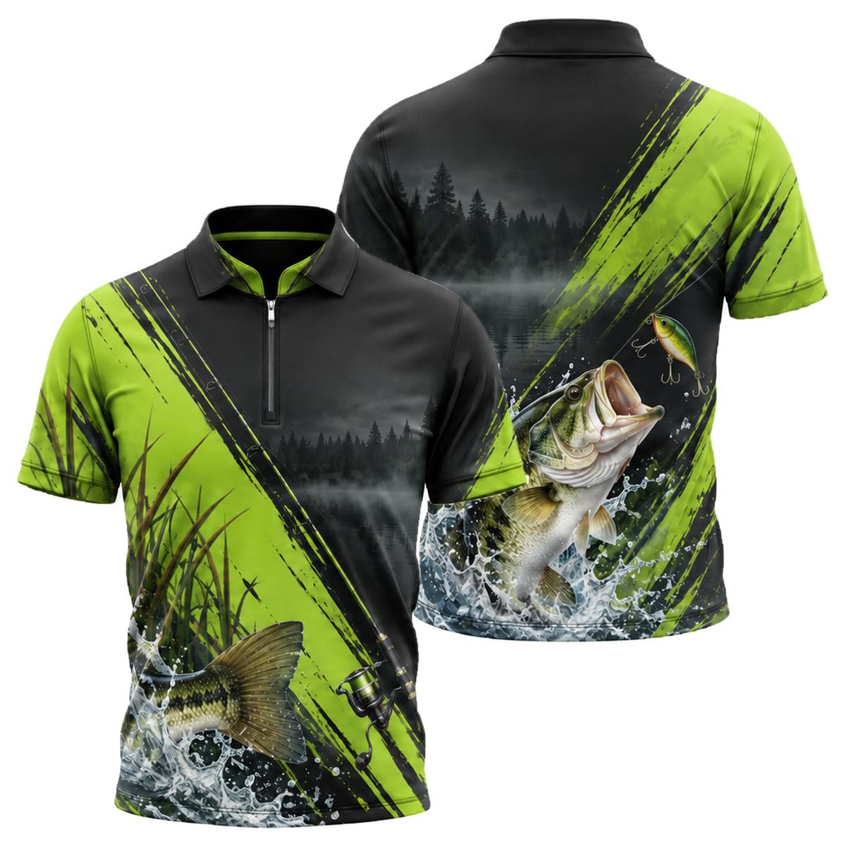 Bass Strike Quarter-Zip Polo in Green & Gold