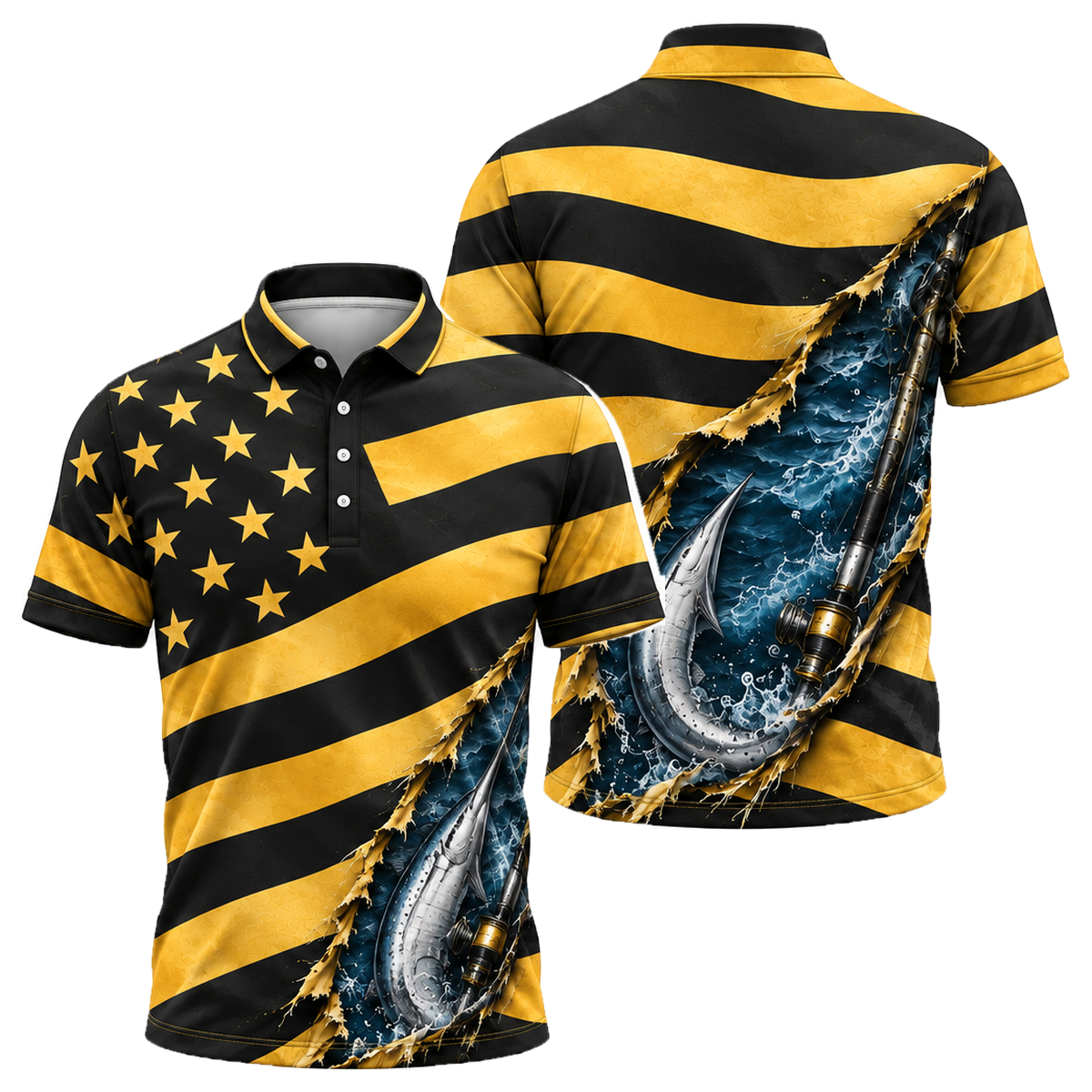 Hooked on Freedom Unisex Polo in Black & Gold