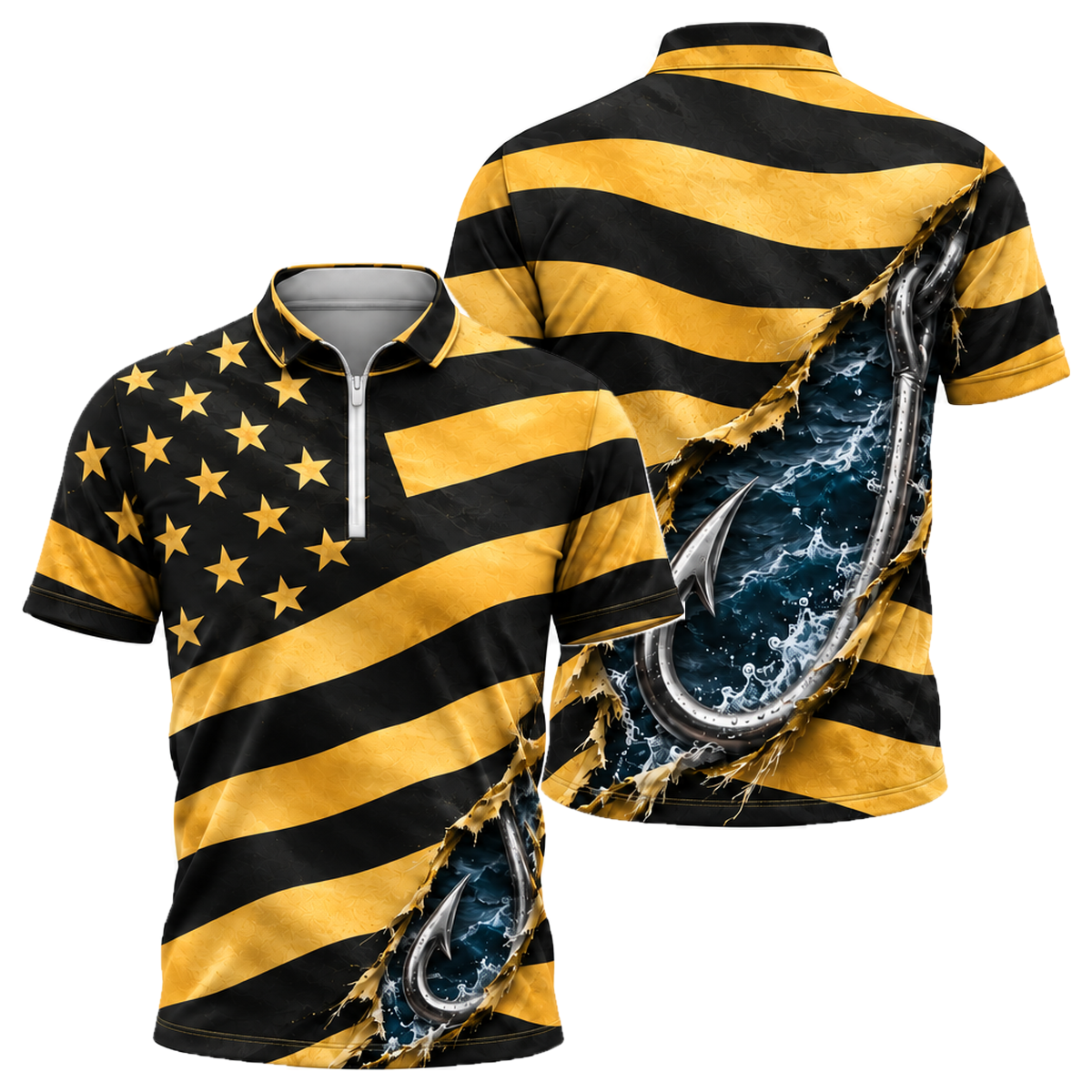 Hooked on Freedom Quarter-Zip Polo in Black & Gold