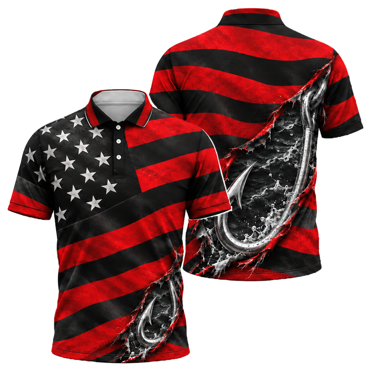 Hooked on Freedom Unisex Polo in Black & Red
