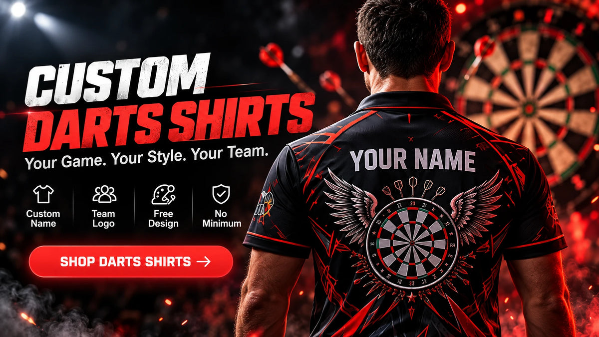 Custom darts shirts with your name - team logo, free design, no minimum