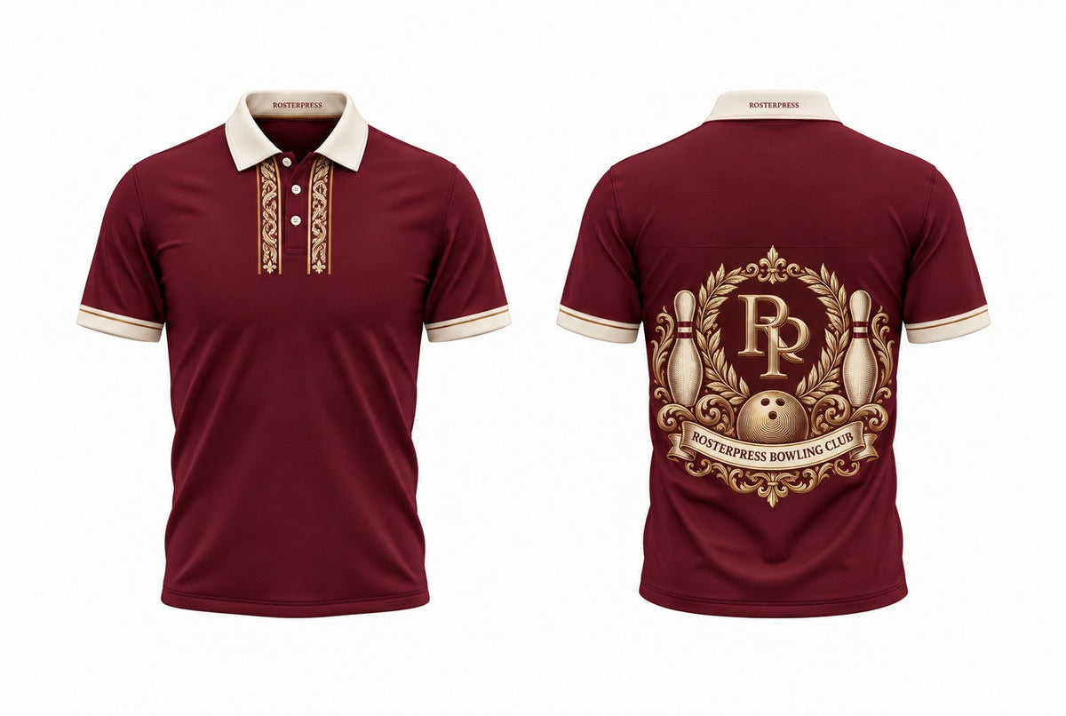 Rosterpress Bowling Club Burgundy polo front and back