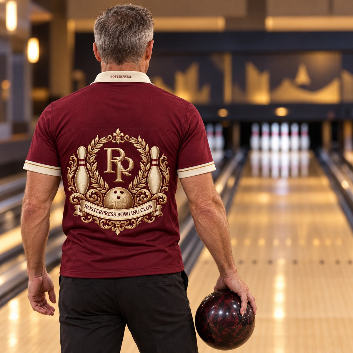 Rosterpress Bowling Club Burgundy premium bowling polo - model back