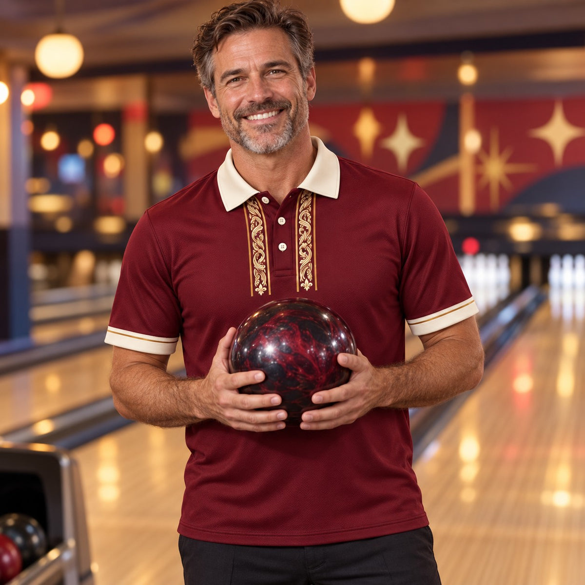 Rosterpress Bowling Club Burgundy premium bowling polo - model front