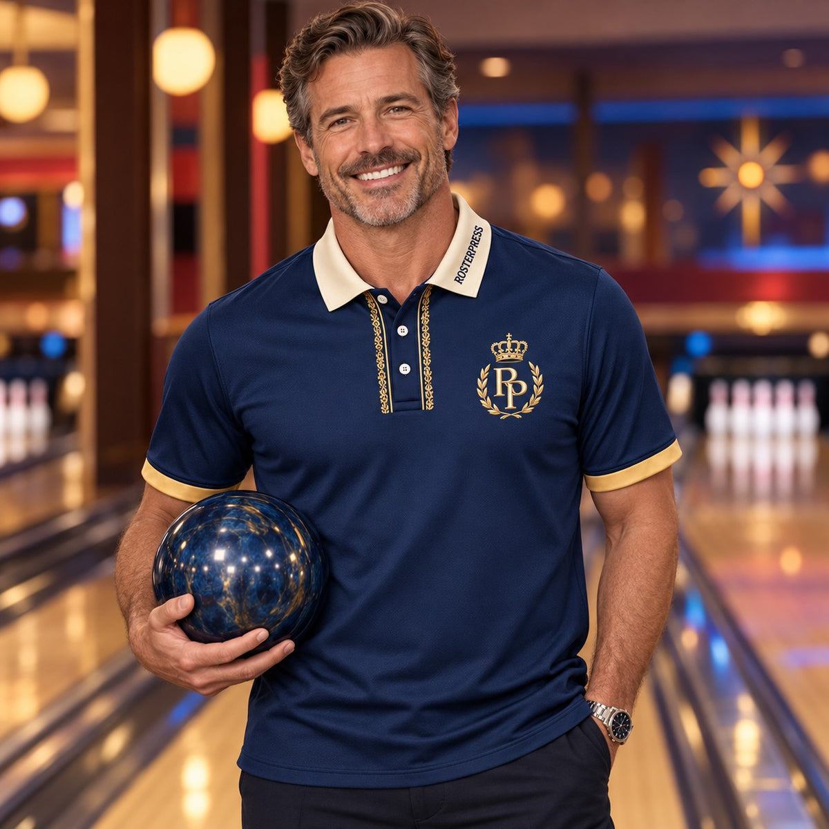 Rosterpress Lane Royale premium bowling polo - model front