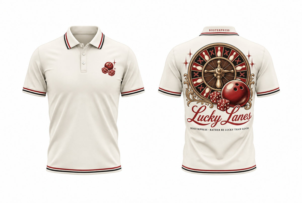 Rosterpress Lucky Lanes polo front and back