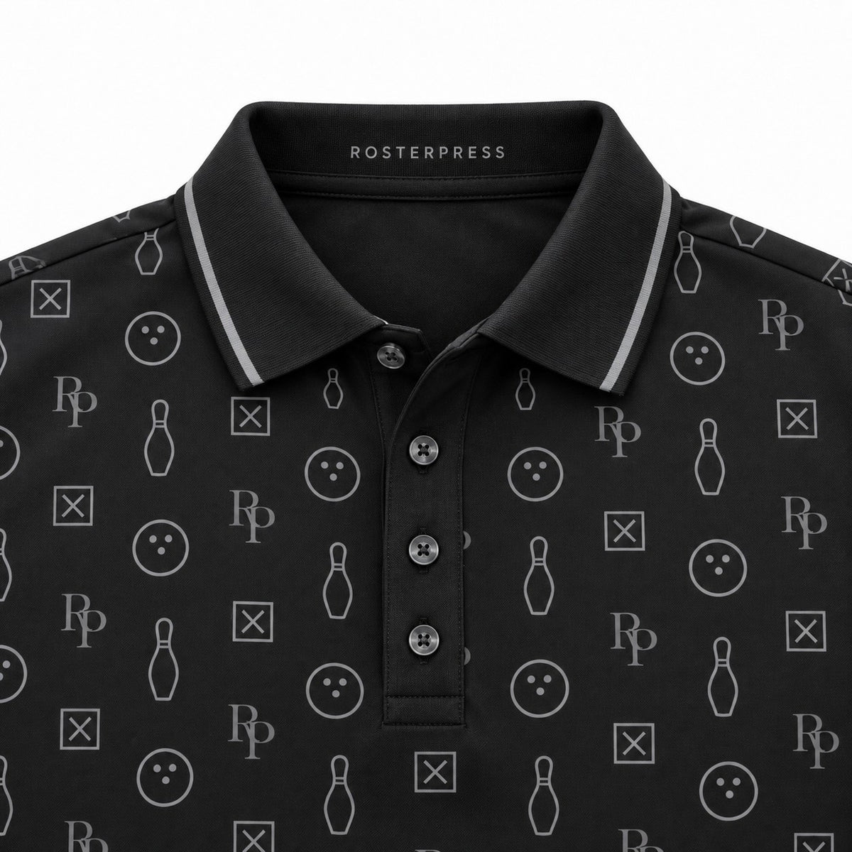 Rosterpress RP Monogram Lanes Black premium bowling polo - collar