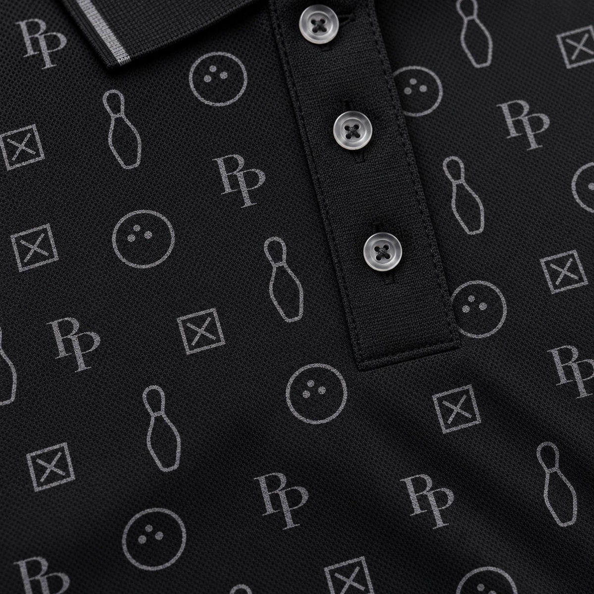 Rosterpress RP Monogram Lanes Black premium bowling polo - fabric