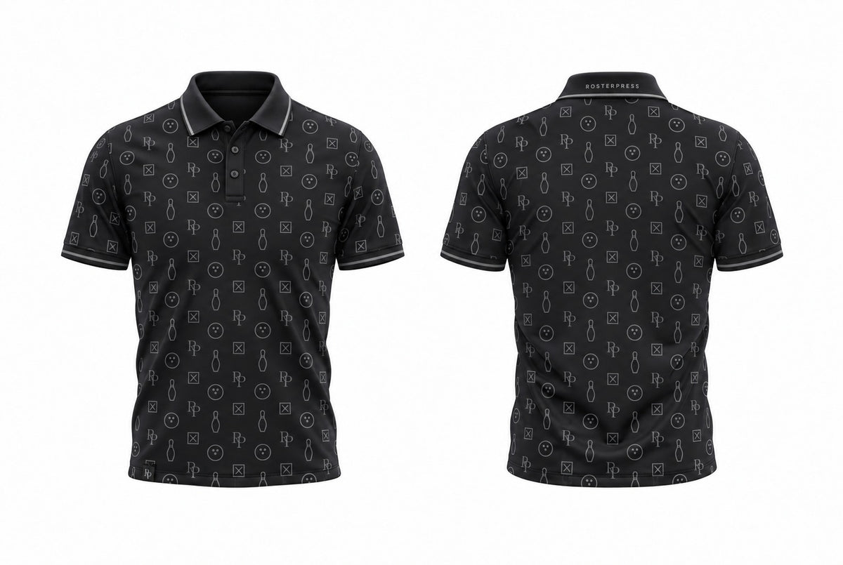 Rosterpress RP Monogram Lanes Black polo front and back