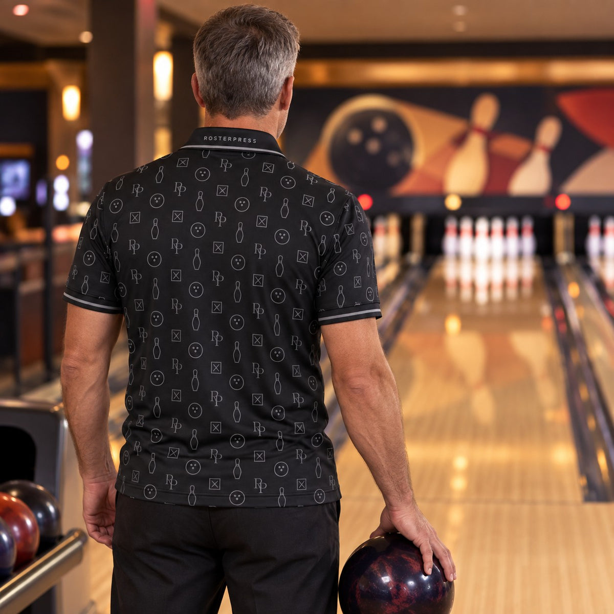 Rosterpress RP Monogram Lanes Black premium bowling polo - model back