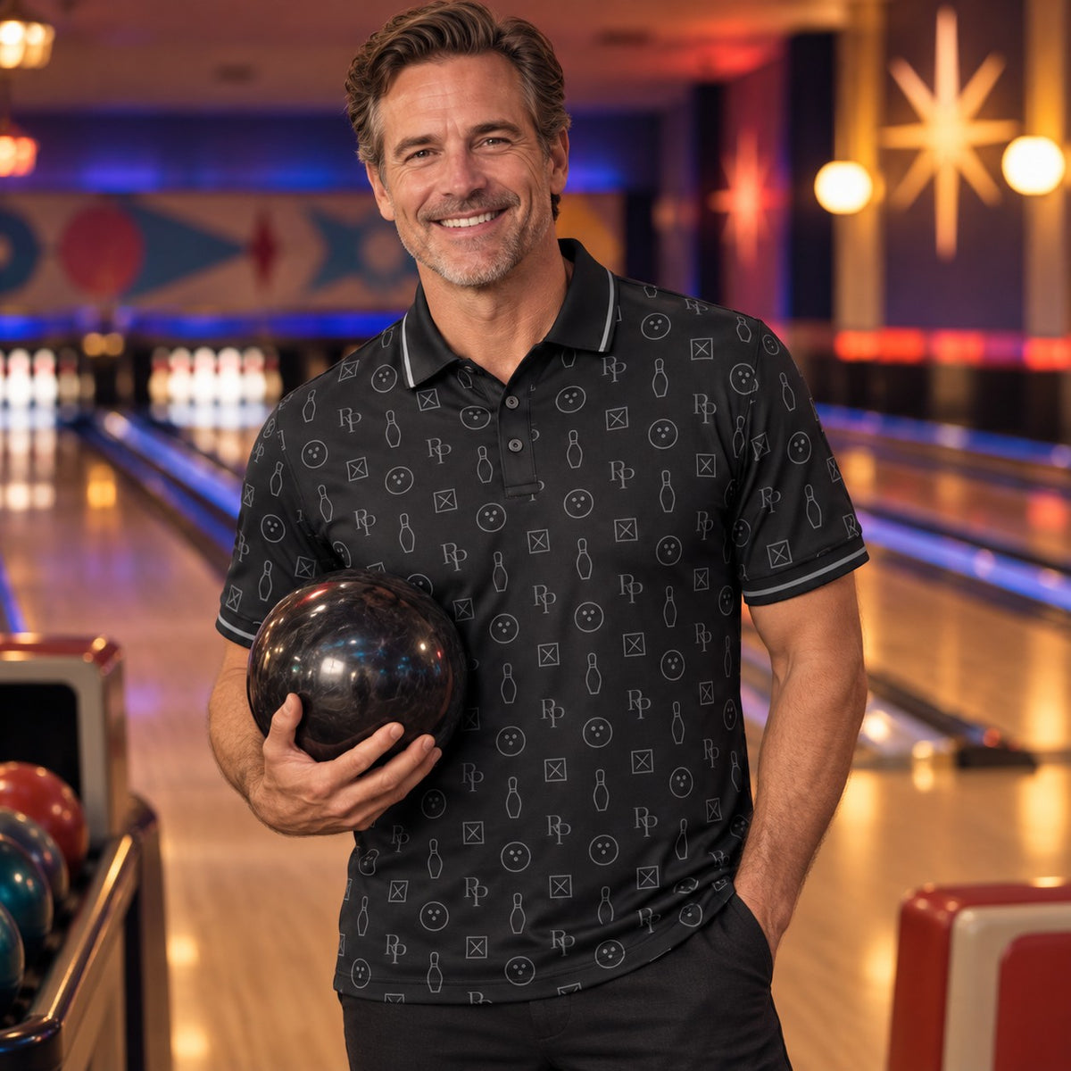 Rosterpress RP Monogram Lanes Black premium bowling polo - model front