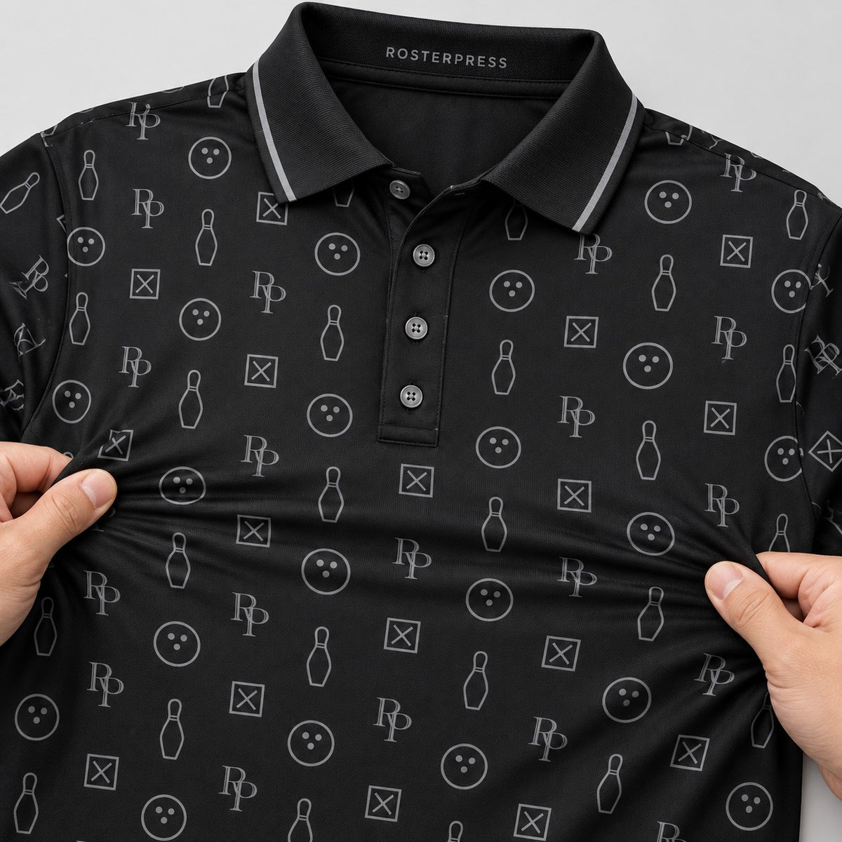 Rosterpress RP Monogram Lanes Black premium bowling polo - stretch