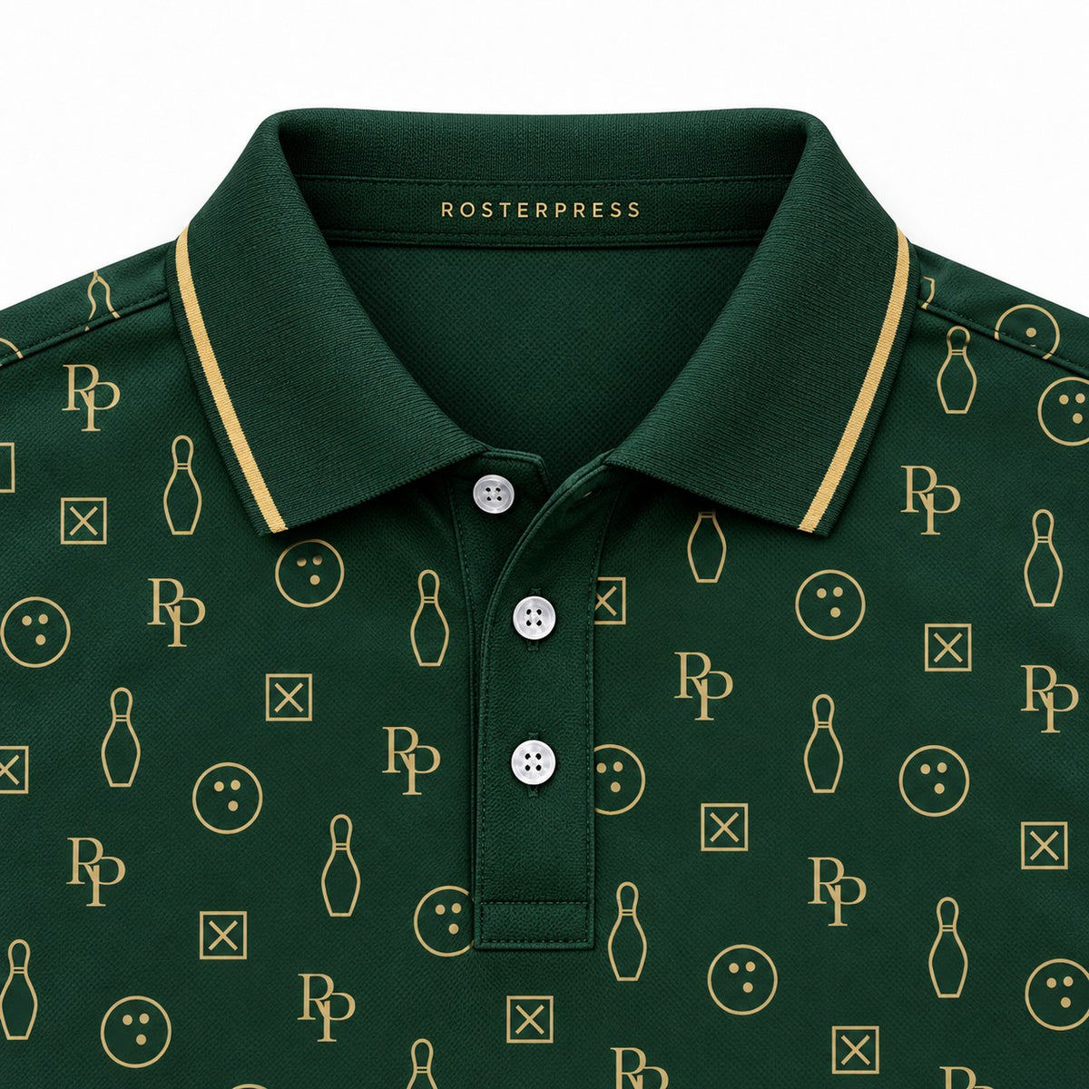 Rosterpress RP Monogram Lanes Bottle Green premium bowling polo - collar