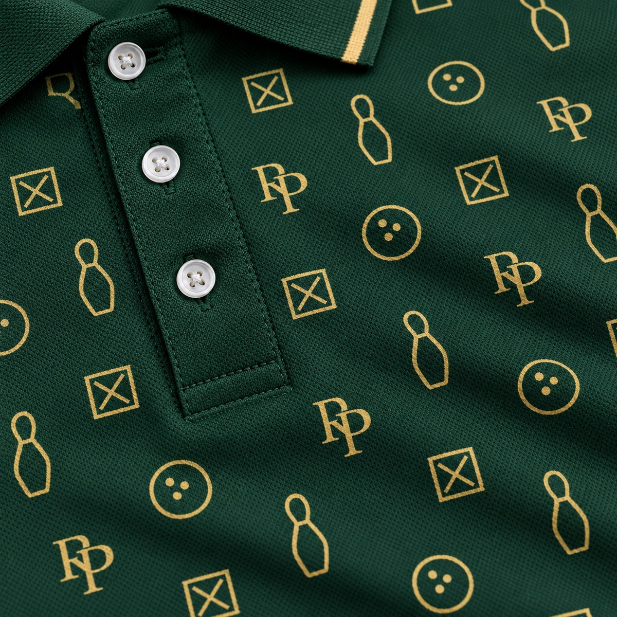 Rosterpress RP Monogram Lanes Bottle Green premium bowling polo - fabric