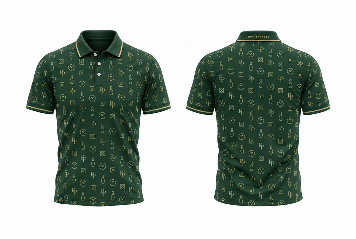 Rosterpress RP Monogram Lanes Bottle Green polo front and back
