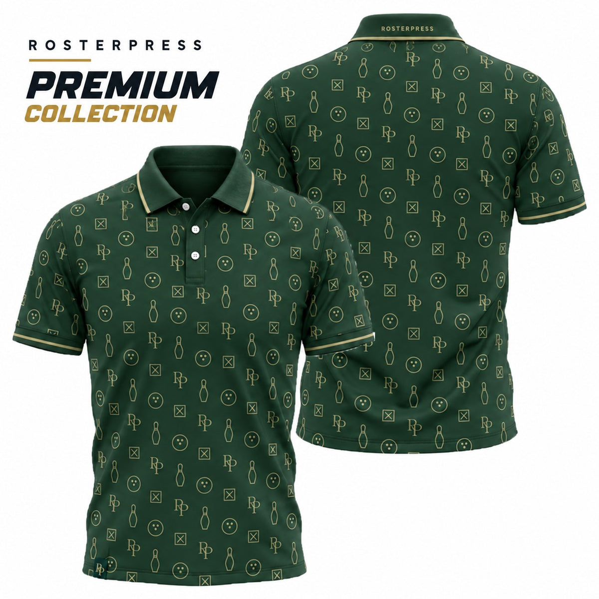 Rosterpress RP Monogram Lanes Bottle Green premium bowling polo