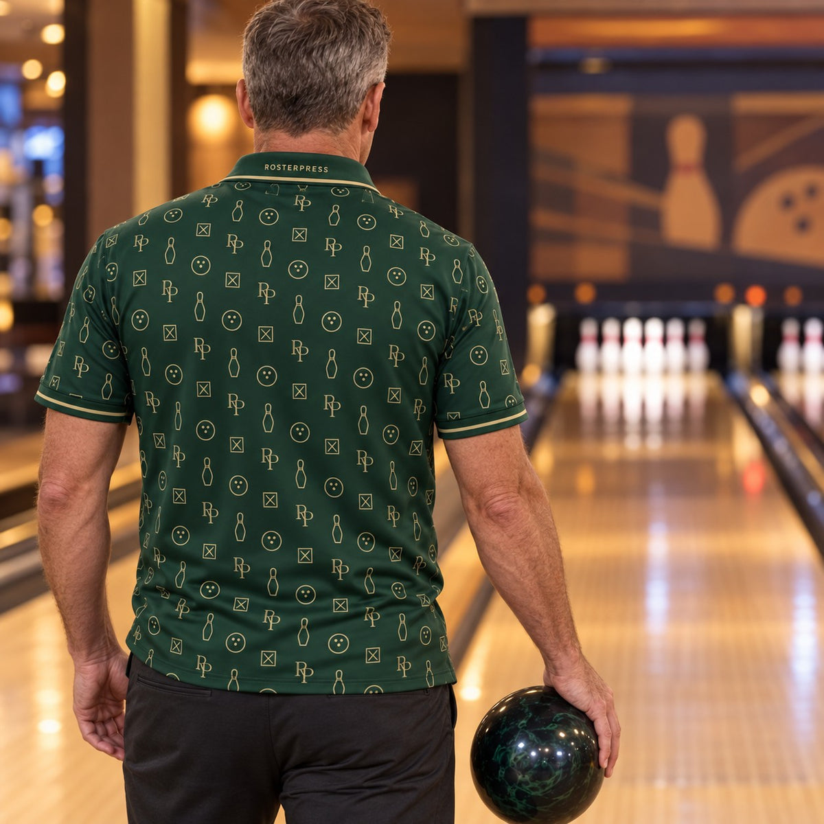 Rosterpress RP Monogram Lanes Bottle Green premium bowling polo - model back