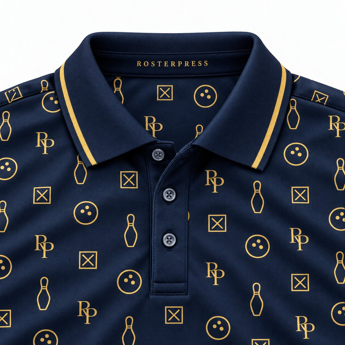Rosterpress RP Monogram Lanes Navy Gold premium bowling polo - collar