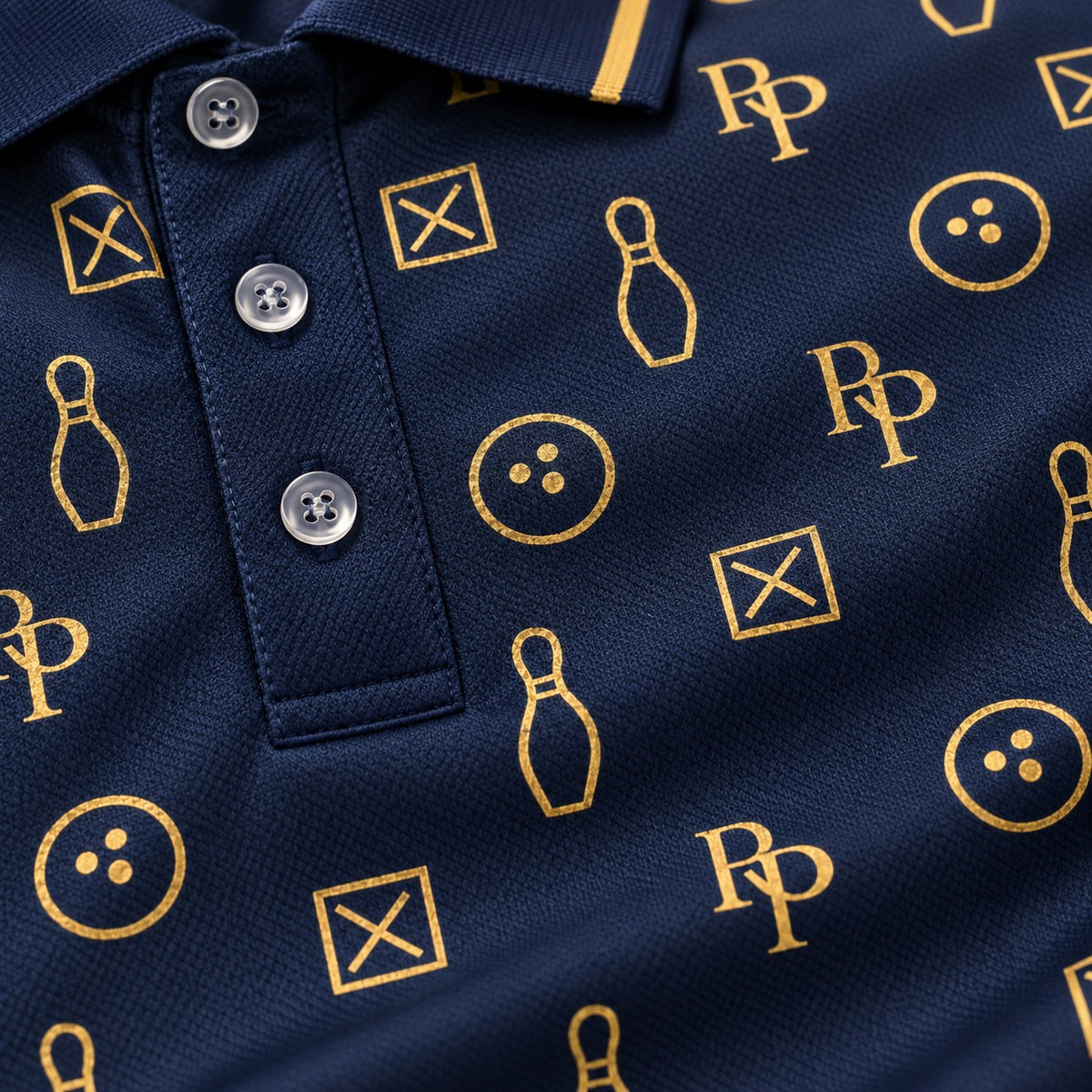 Rosterpress RP Monogram Lanes Navy Gold premium bowling polo - fabric