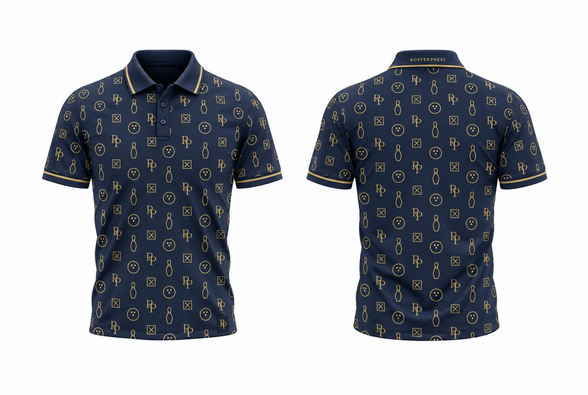 Rosterpress RP Monogram Lanes Navy Gold polo front and back